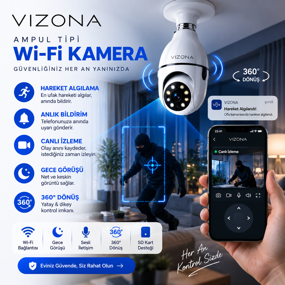 Vizona 360 derece akıllı wi-fi ampul kamera